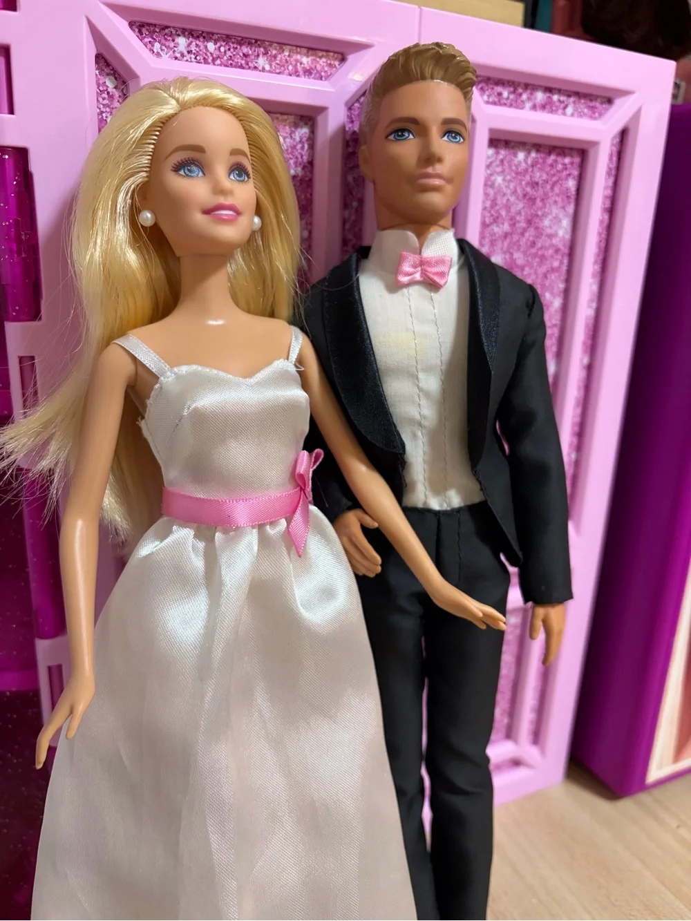 Barbie Bridal Doll Couple in White Satin with Pink Accents